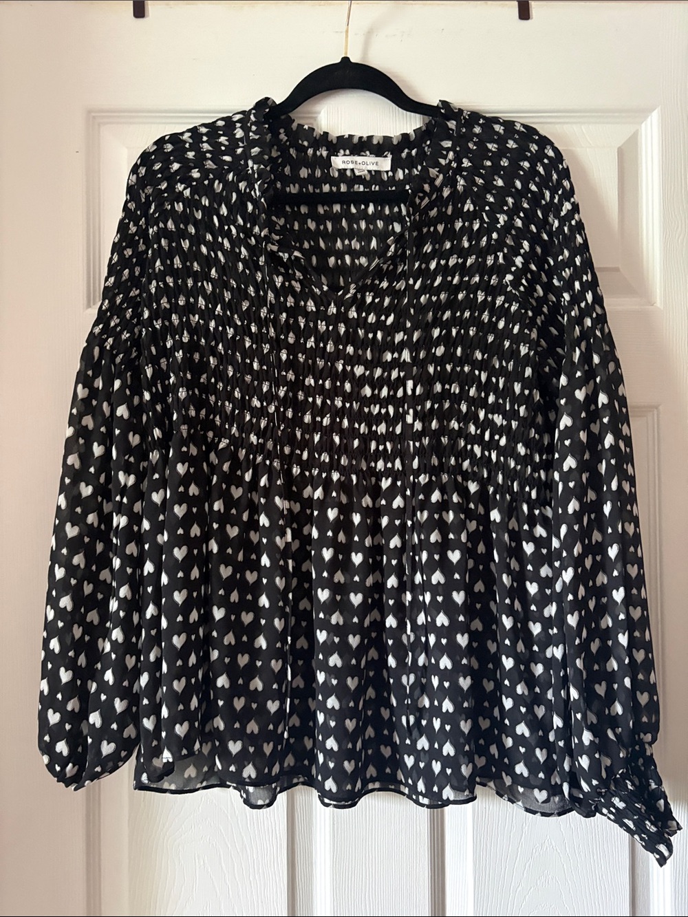 Rose & Olive Black Blouse with White Heart Print